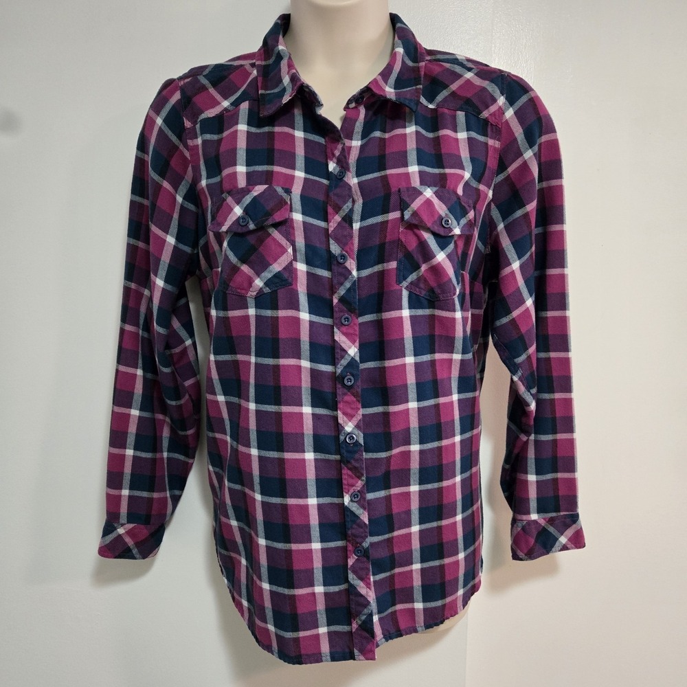 Disney Plus Size 2 Purple Blue Plaid Flannel Blouse w/ Pockets Princess Strong